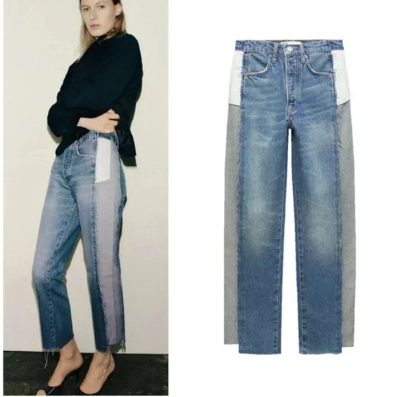 Zara Ruffled Womens Crop Straight Leg Button Fly Patchwork Denim Jeans Blue Sz 4 - Picture 3 of 13